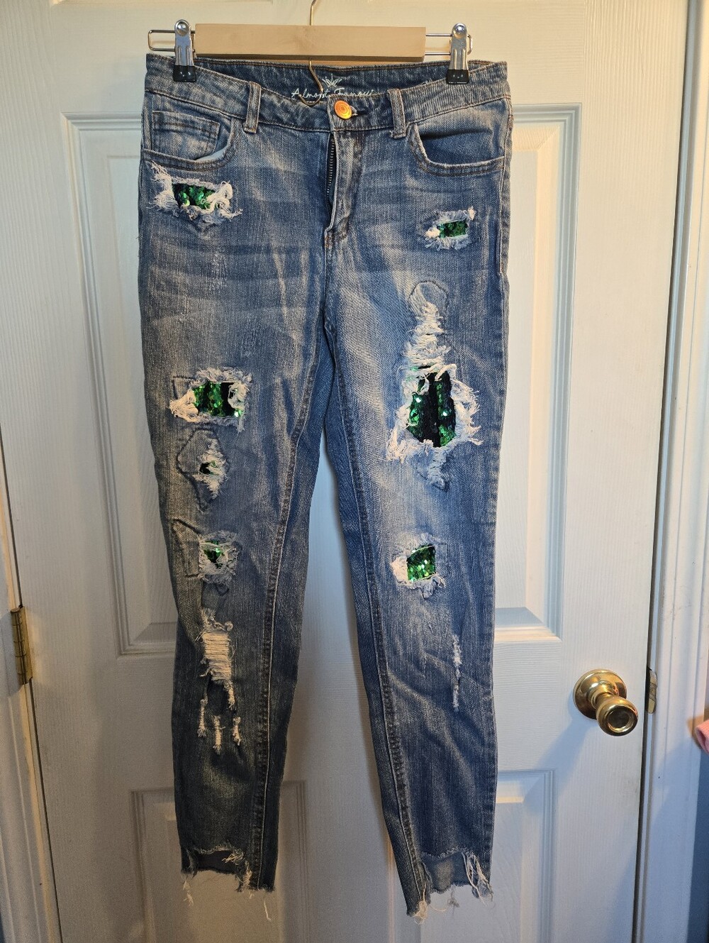 Almost Famous Blue Skinny Jeans with Green/ Blue Sequin Patches